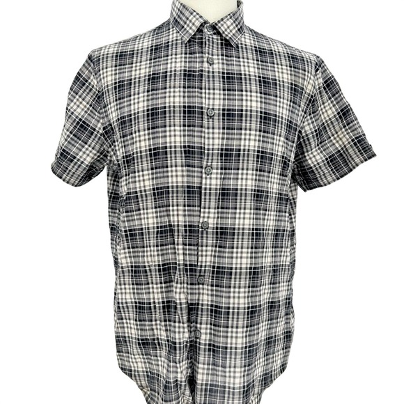 John Varvatos Other - Mens Black Plaid Western‎ Cotton Short Sleeve Collared Dress Shirt L  Workwear